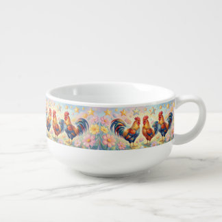 Roosters in garden soup mug