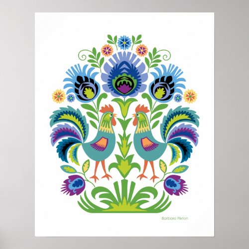 Roosters in Purple and Teal Poster