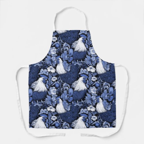 Roosters in the Garden Blue and White Apron