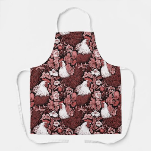 Roosters in the Garden Red and White Apron