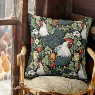 Roosters in the Garden Rustic Farmhouse Throw Pillow