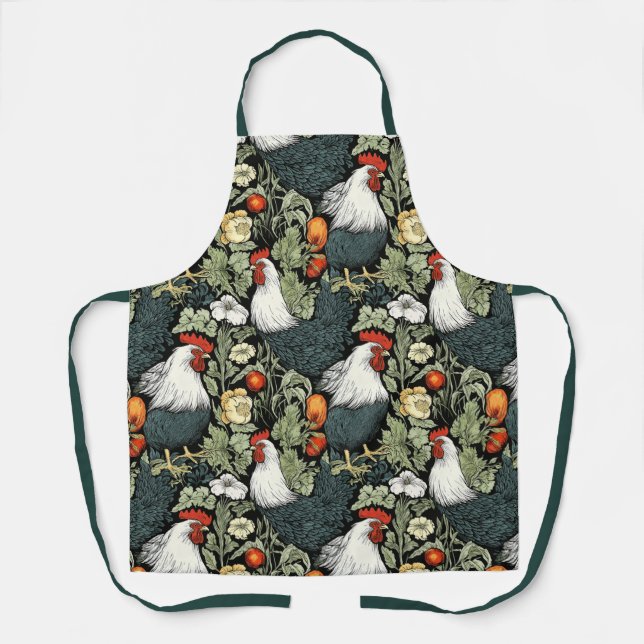 Roosters in the Green Garden William Morris Style Apron (Front)