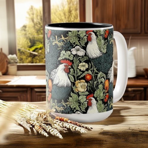 Roosters in the Green Garden William Morris Style Coffee Mug