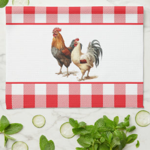 Roosters on Red and White Checkered Plaid Kitchen Towel
