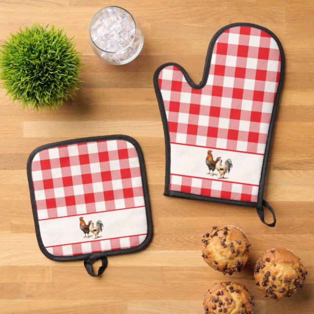 Roosters on Red and White Checkered Plaid  Oven Mitt & Pot Holder Set (Top Down)