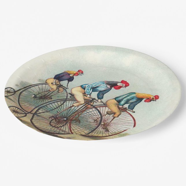 Roosters Riding Tall Bikes Paper Plates (Angled)