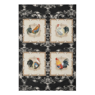 Roosters Vintage Style French Damask Black White Faux Canvas Print