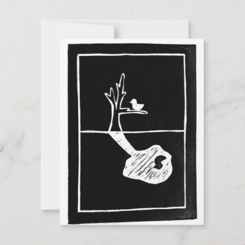 Rooted Elsewhere - bird shadow linocut RSVP Card