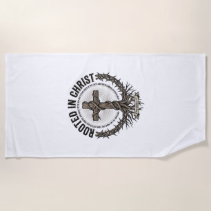 Rooted in Christ Cross Vintage Engraving Christian Beach Towel