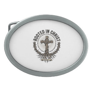 Rooted in Christ Cross Vintage Engraving Christian Belt Buckle