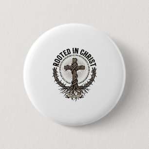 Rooted in Christ Cross Vintage Engraving Christian Button
