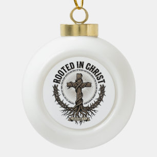 Rooted in Christ Cross Vintage Engraving Christian Ceramic Ball Christmas Ornament