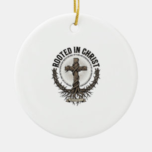 Rooted in Christ Cross Vintage Engraving Christian Ceramic Ornament