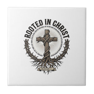 Rooted in Christ Cross Vintage Engraving Christian Ceramic Tile