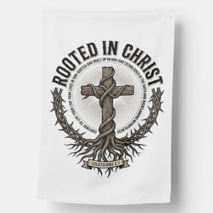 Rooted in Christ Cross Vintage Engraving Christian House Flag