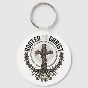 Rooted in Christ Cross Vintage Engraving Christian Keychain