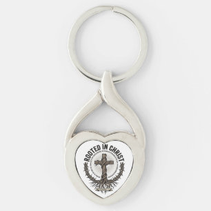 Rooted in Christ Cross Vintage Engraving Christian Keychain