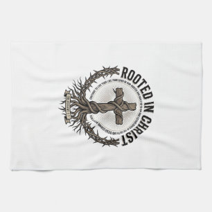 Rooted in Christ Cross Vintage Engraving Christian Kitchen Towel