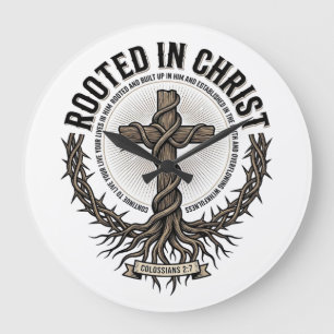 Rooted in Christ Cross Vintage Engraving Christian Large Clock