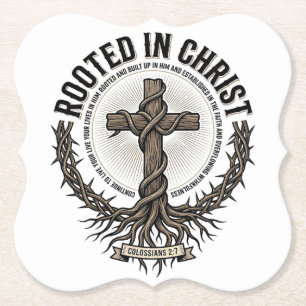 Rooted in Christ Cross Vintage Engraving Christian Paper Coaster