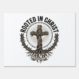 Rooted in Christ Cross Vintage Engraving Christian Sign
