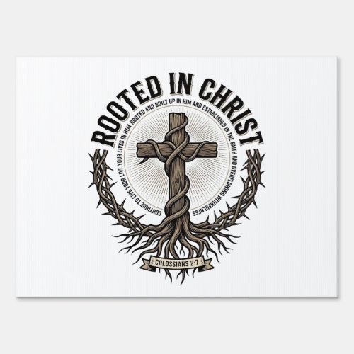Rooted in Christ Cross Vintage Engraving Christian Sign