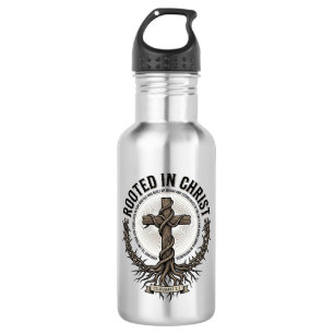 Rooted in Christ Cross Vintage Engraving Christian Stainless Steel Water Bottle