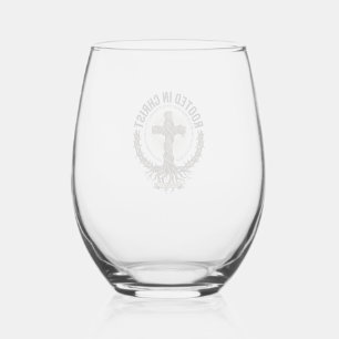 Rooted in Christ Cross Vintage Engraving Christian Stemless Wine Glass