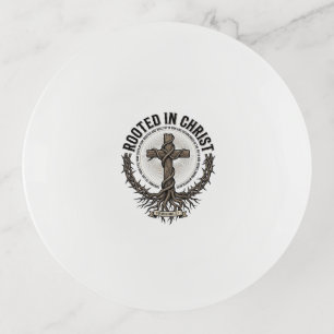 Rooted in Christ Cross Vintage Engraving Christian Trinket Tray