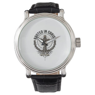 Rooted in Christ Cross Vintage Engraving Christian Watch