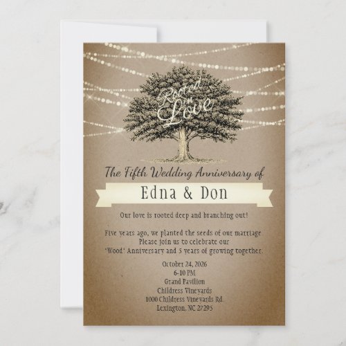 Rooted in Love Rustic Tree Lights 5th Anniversary Invitation