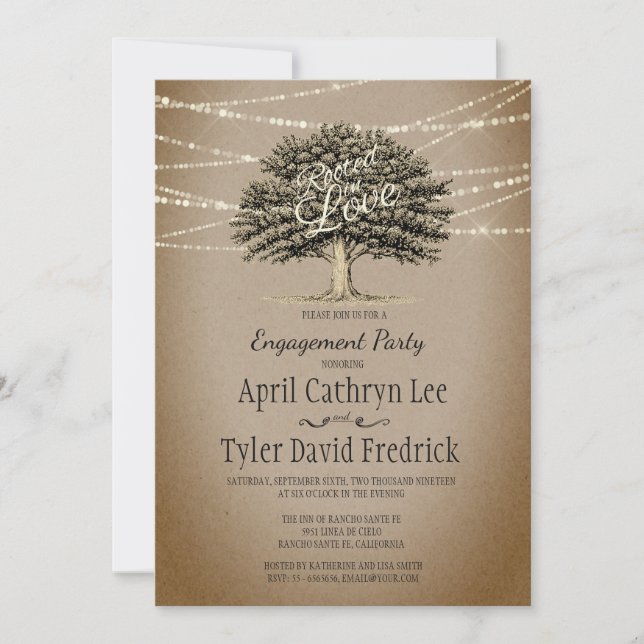 Rooted in Love Rustic Tree Lights Engagement Party Invitation (Front)