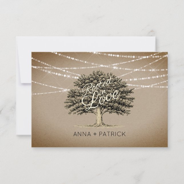 Rooted in Love Rustic Tree & Lights Wedding RSVP Card (Front)