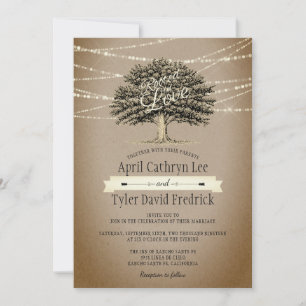Rooted in Love Rustic Tree String Lights Wedding Invitation
