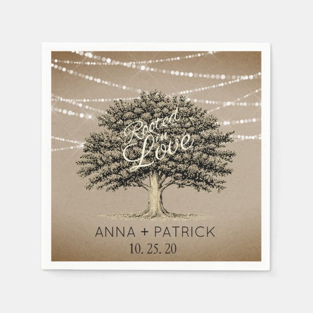 Rooted in Love Rustic Tree String Lights Wedding Napkins (Front)
