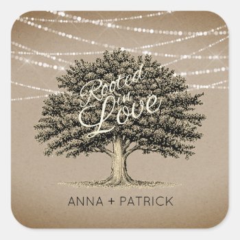 Rooted In Love Rustic Tree String Lights Wedding Square Sticker by riverme at Zazzle
