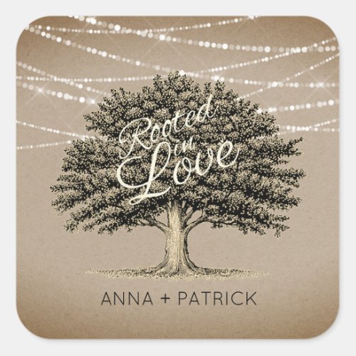Rooted in Love Rustic Tree String Lights Wedding Square Sticker