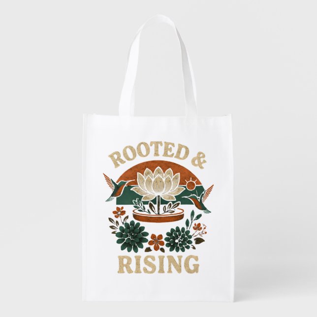 Rooted & Rising Lotus Retro Design Grocery Bag (Front)