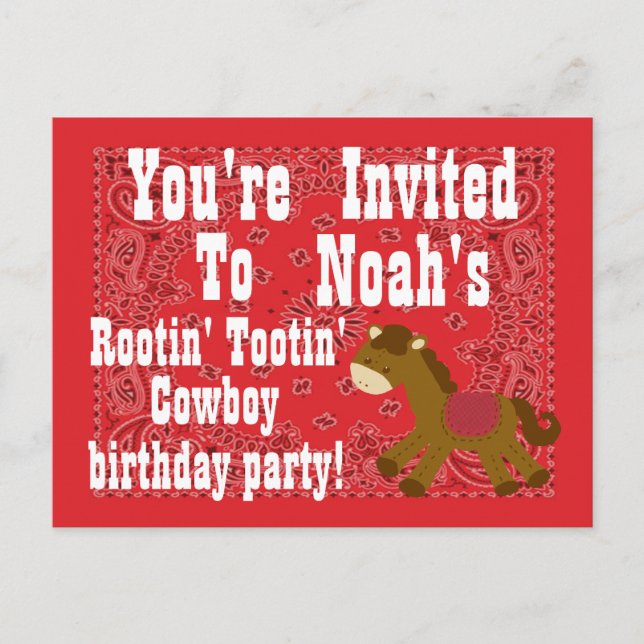 Rootin' Tootin' Cowboy Birthday Party Invitation Postcard (Front)