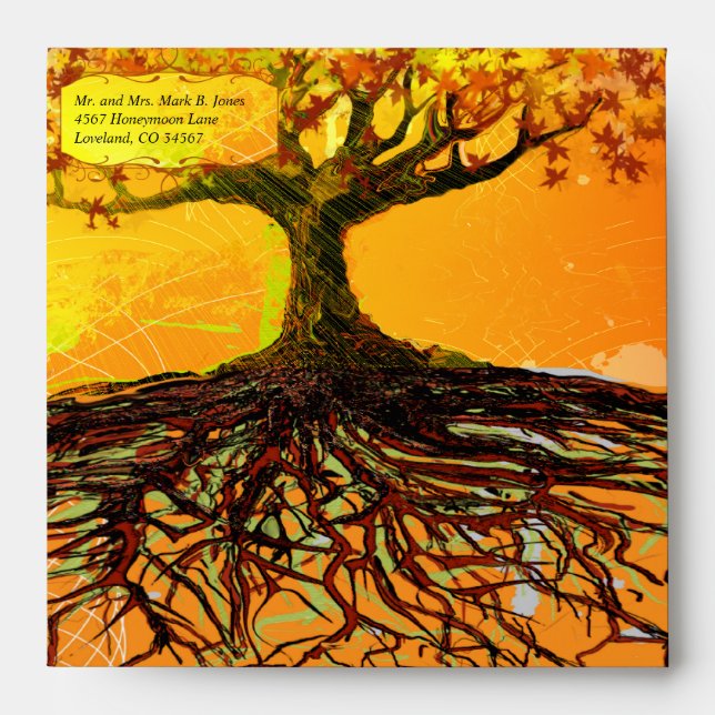 Roots of Love Fall Tree Wedding Envelopes (Front)