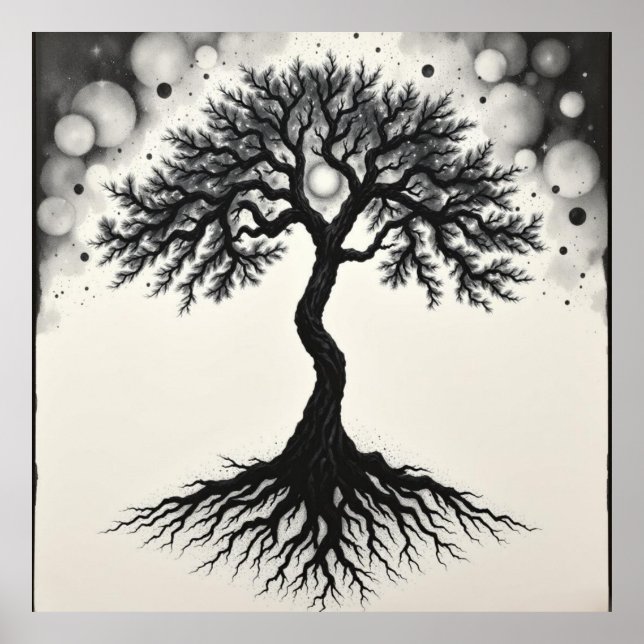 Roots of Serenity: Tree of Life Charcoal Zen Art Poster (Front)