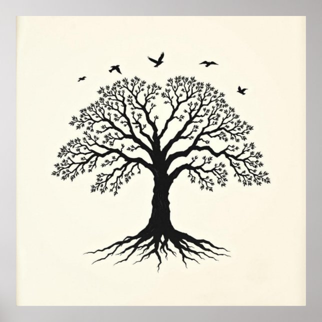  Roots of Serenity: Tree of Life Charcoal Zen Art Poster (Front)
