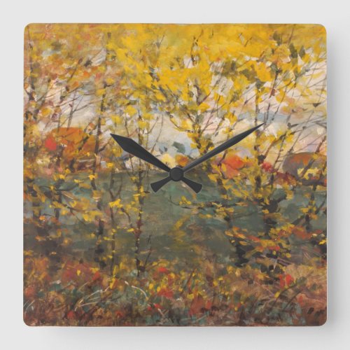 Rooyal Oak Fall Watercolor Landscape Yellow Orange Square Wall Clock