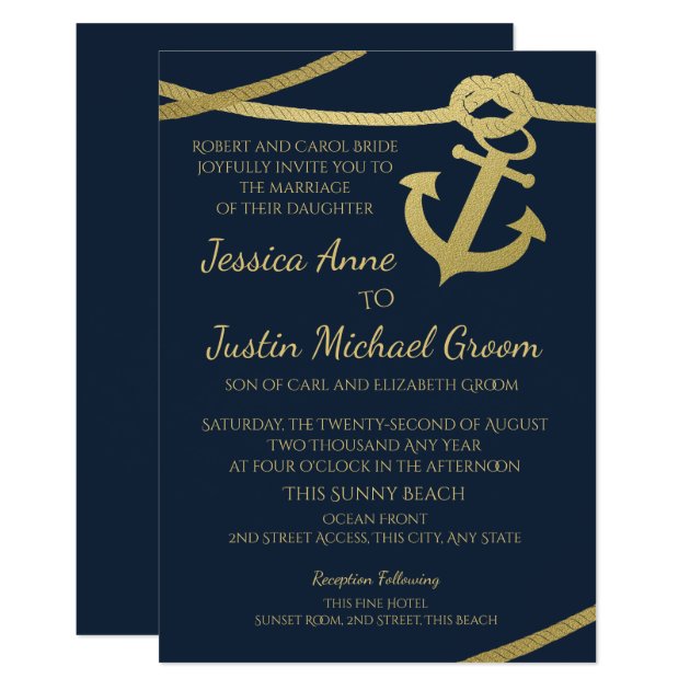 Rope Anchor Gold And Navy Blue Wedding Invitation