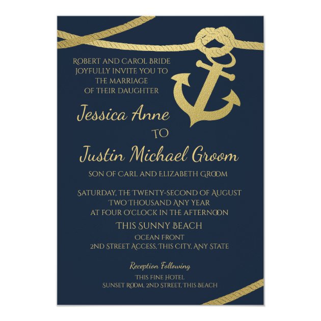 Rope Anchor Gold And Navy Blue Wedding Invitation