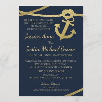 Rope Anchor Gold And Navy Blue Wedding Invitation by happygotimes at Zazzle