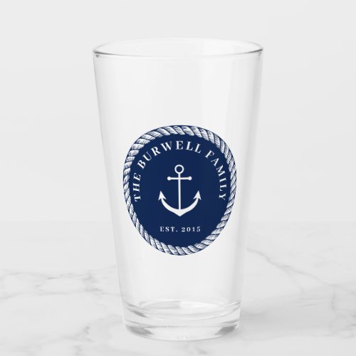 Rope  Anchor Navy Blue Add Your Name Glass