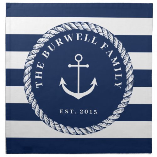 Rope  Anchor Navy Blue Stripes Add Your Name Cloth Napkin