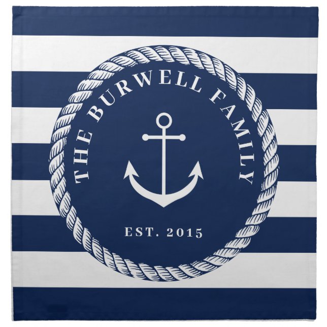Rope & Anchor Navy Blue Stripes Add Your Name Cloth Napkin (Front)