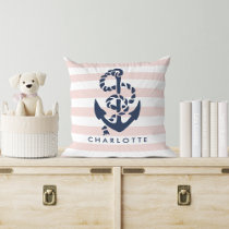 Rope & Anchor Pink Stripe Nautical Personalized Throw Pillow